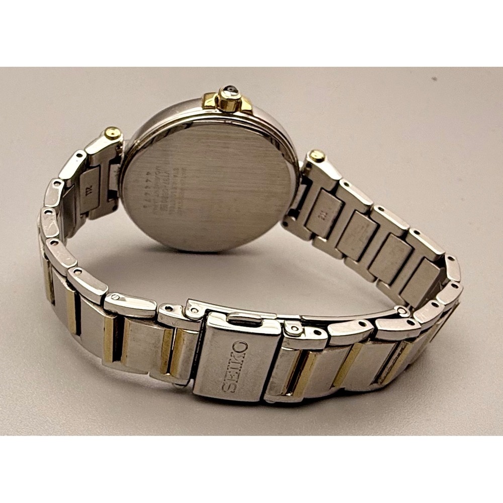 Seiko Solar Women's Two Tone Watch V117-0CF0 Roman Numeral Date Bracelet - Picture 7 of 11